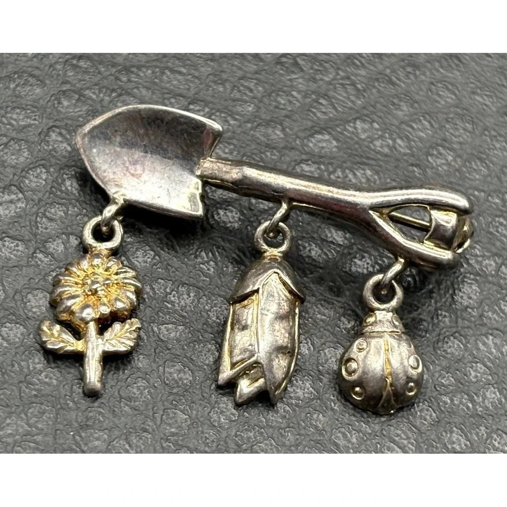 VTG Sterling Silver Garden Tool LADYBUG SHOVEL Sunflower Dangle Charm Brooch